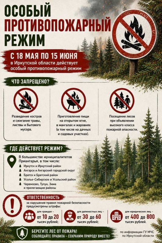 С 18 мая до 15 июня в Иркутской области действует особый противопожарный режим