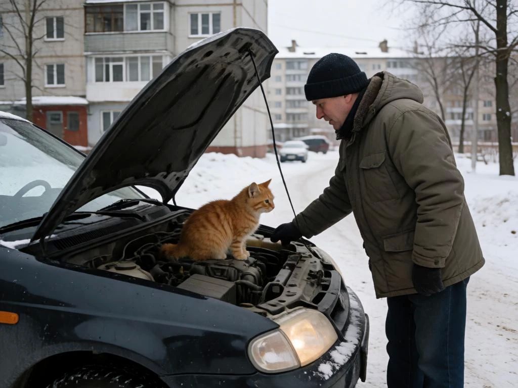 С наступлением холодов бездомные котики ищут, где бы согреться